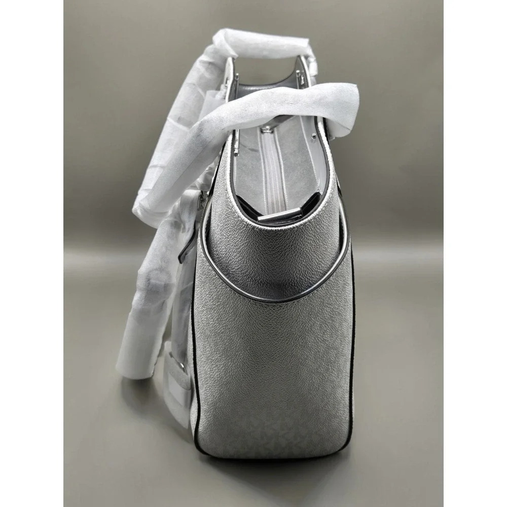 NWT Michael Kors Jet Set Travel Large Chain Shoulder Tote Silver MK Signature